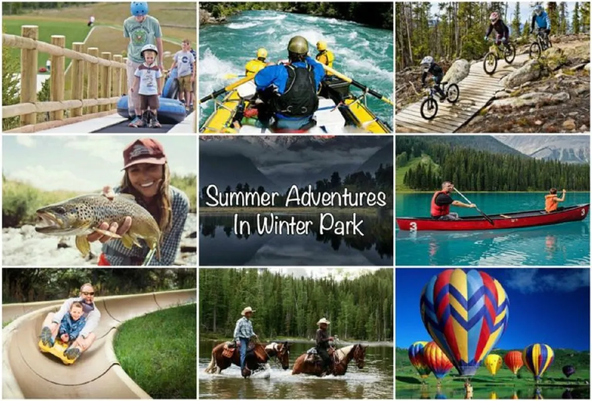 This exterior image features families engaged in a variety of outdoor activities such as rafting, biking, fishing, kayaking, and summer tubing, all set against vibrant natural scenery with water, trees, and a backdrop of hot air balloons.