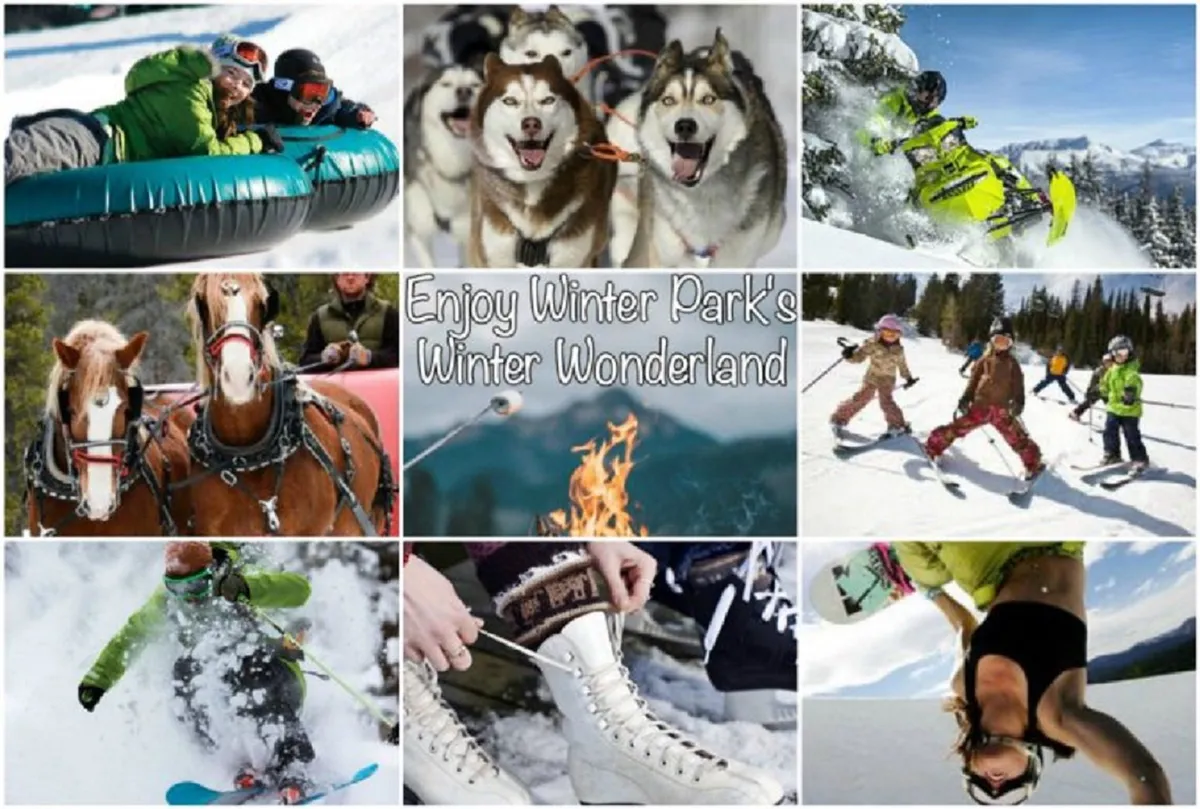 A lively winter scene with people snow tubing, children playing, dogsledding, snowmobiling, and families gathered around a campfire. The landscape is snow-covered, capturing the joy and excitement of winter activities.