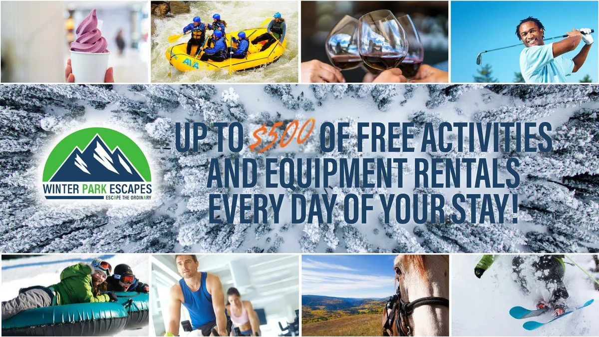 A vibrant collage of outdoor activities: people whitewater rafting on a rushing river, enjoying a round of golf, skiing down snowy slopes, snow tubing, and horseback riding. The mood is energetic and fun, with each activity showcasing a different season and type of adventure available.